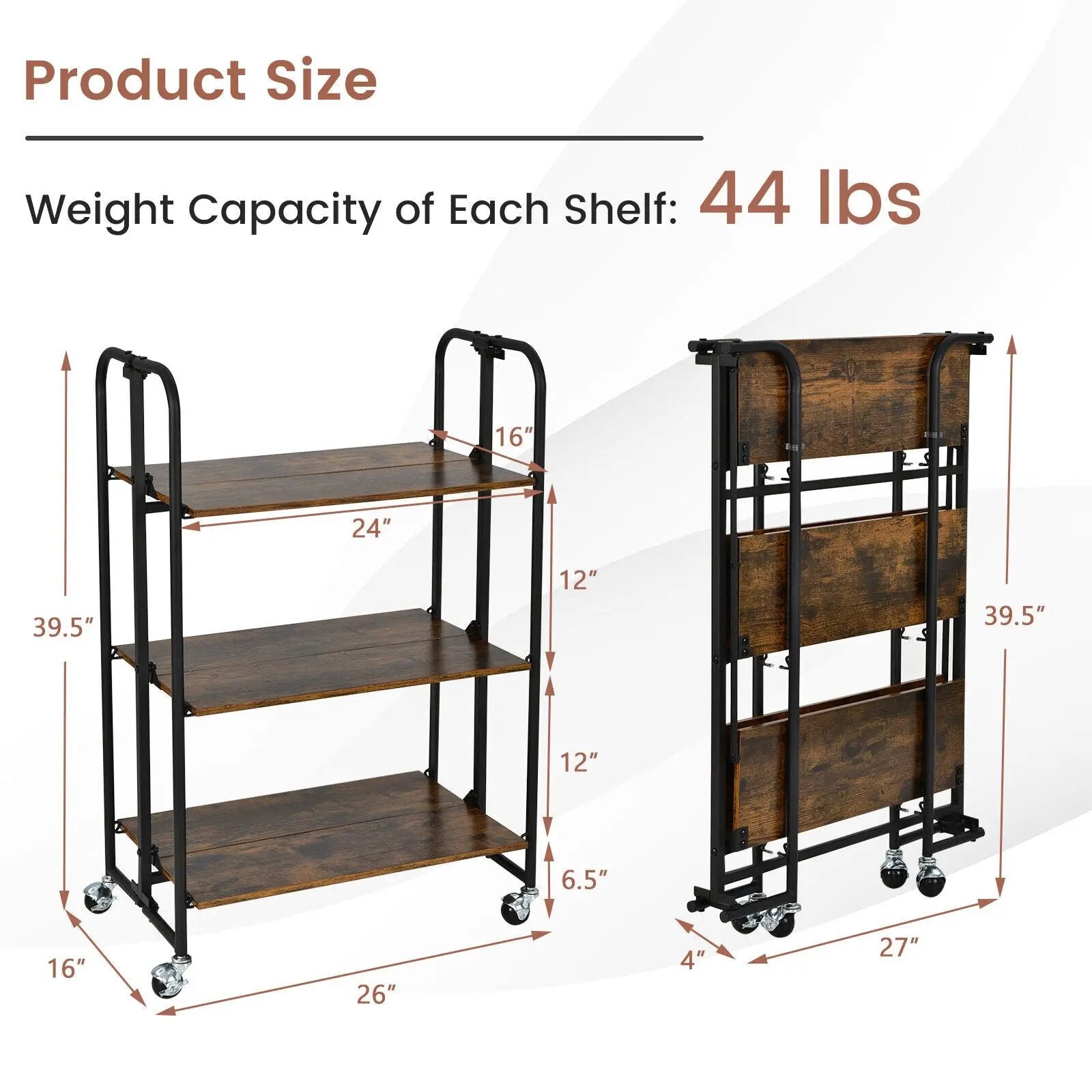 Foldable Rolling Cart with Storage Shelves for Kitchen-3-Tier by DirectDeals