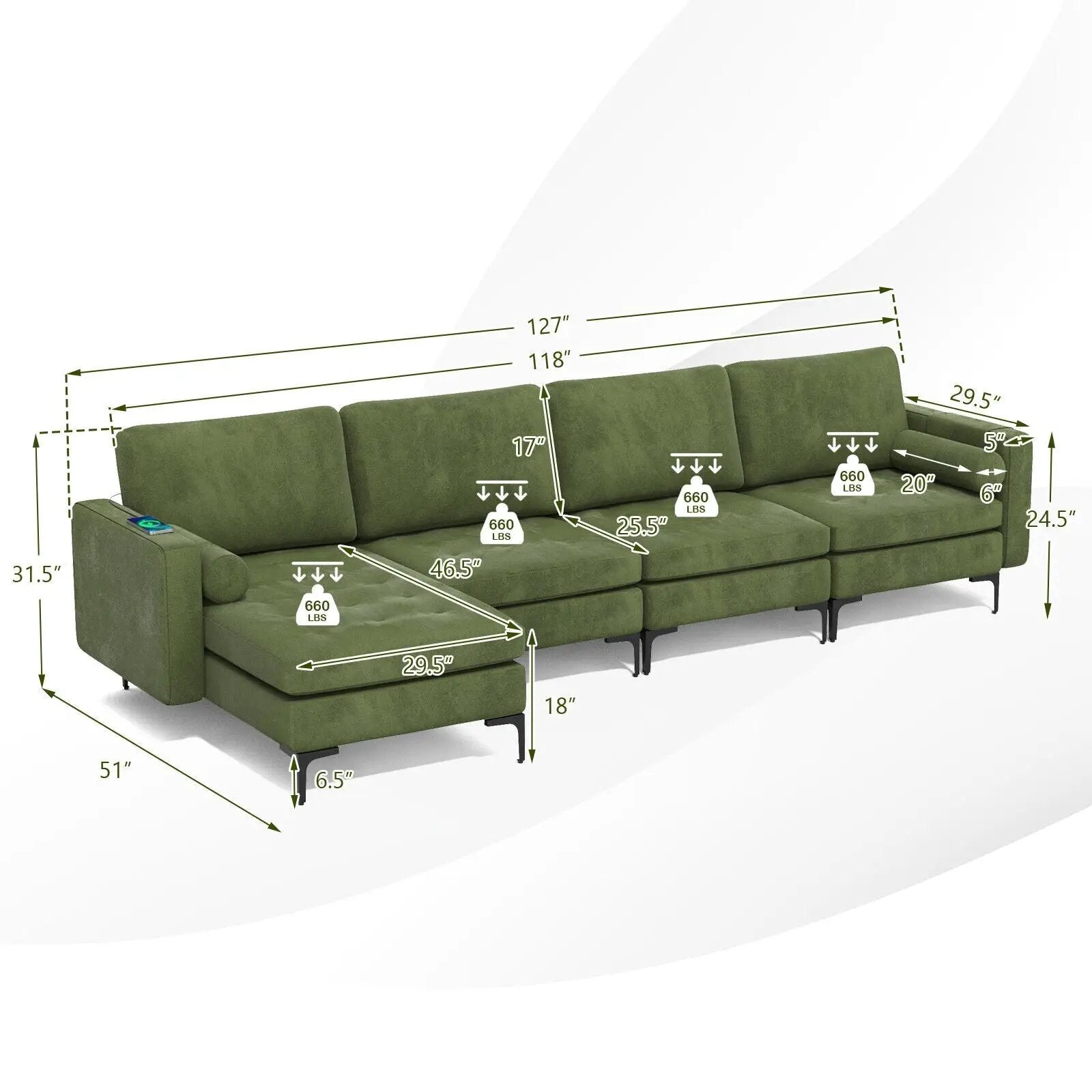 Modular L-shaped 4-Seat Sectional Sofa with Reversible Chaise and 2 USB Socket by DirectDeals