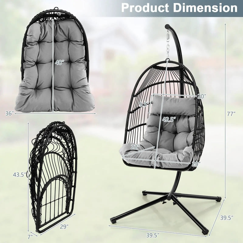 Patio Hanging Egg Chair with Stand Waterproof Cover and Folding Basket-Gray by DirectDeals