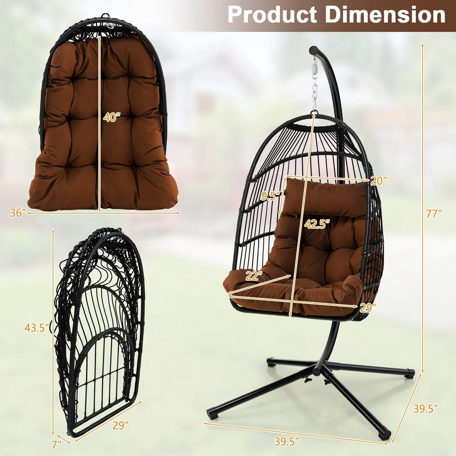 Patio Hanging Egg Chair with Stand Waterproof Cover and Folding Basket-Brown by DirectDeals