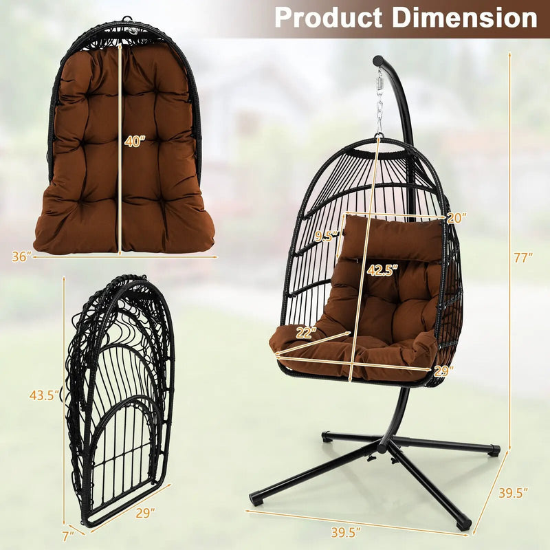 Patio Hanging Egg Chair with Stand Waterproof Cover and Folding Basket-Brown by DirectDeals