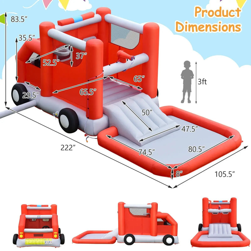 Fire Truck Themed Inflatable Castle Water Park Kids Bounce House with 480W Blower by DirectDeals