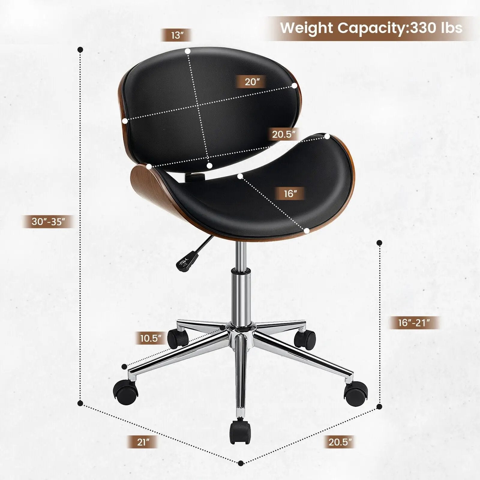 Adjustable Leather Office Chair Swivel Bentwood Desk Chair with Curved Seat-Black by DirectDeals