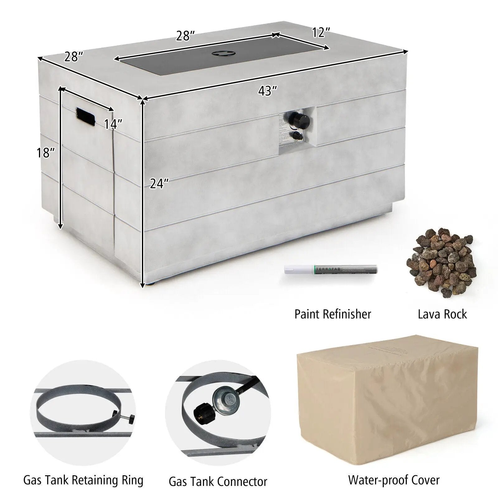 43 Inch Rectangular Concrete Propane Fire Pit Table with Lava Rocks and Cover 50 000 BTU-Gray by DirectDeals