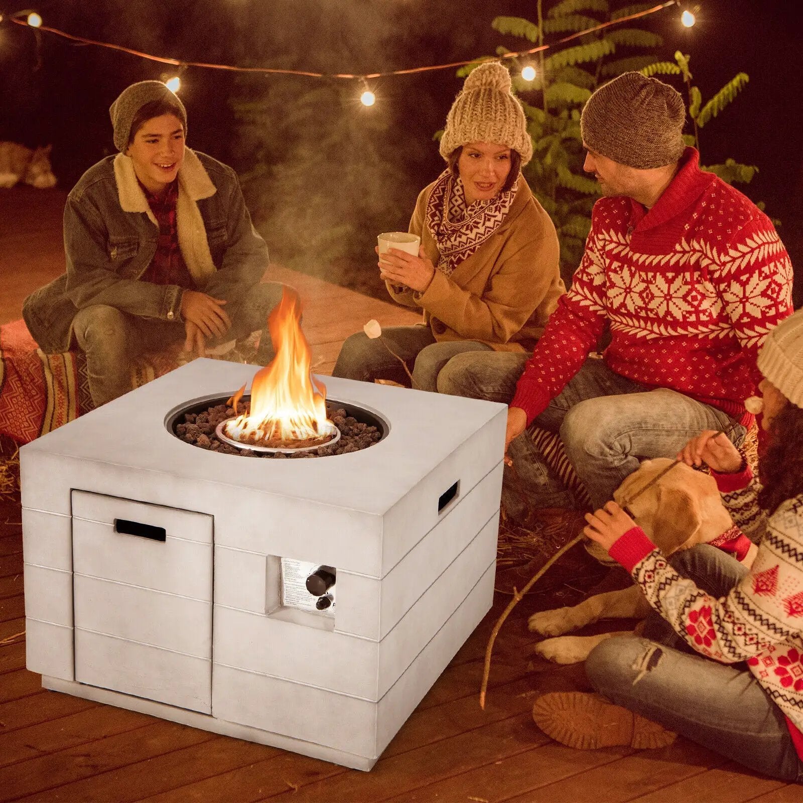34 Inch Square Concrete Propane Fire Pit Table with Lava Rocks and Cover 50 000 BTU-Gray by DirectDeals