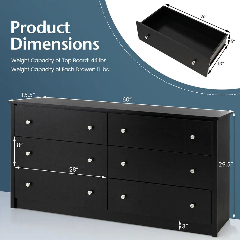 Freestanding 6-Drawer Dresser with Mental Knobs for Bedroom by DirectDeals