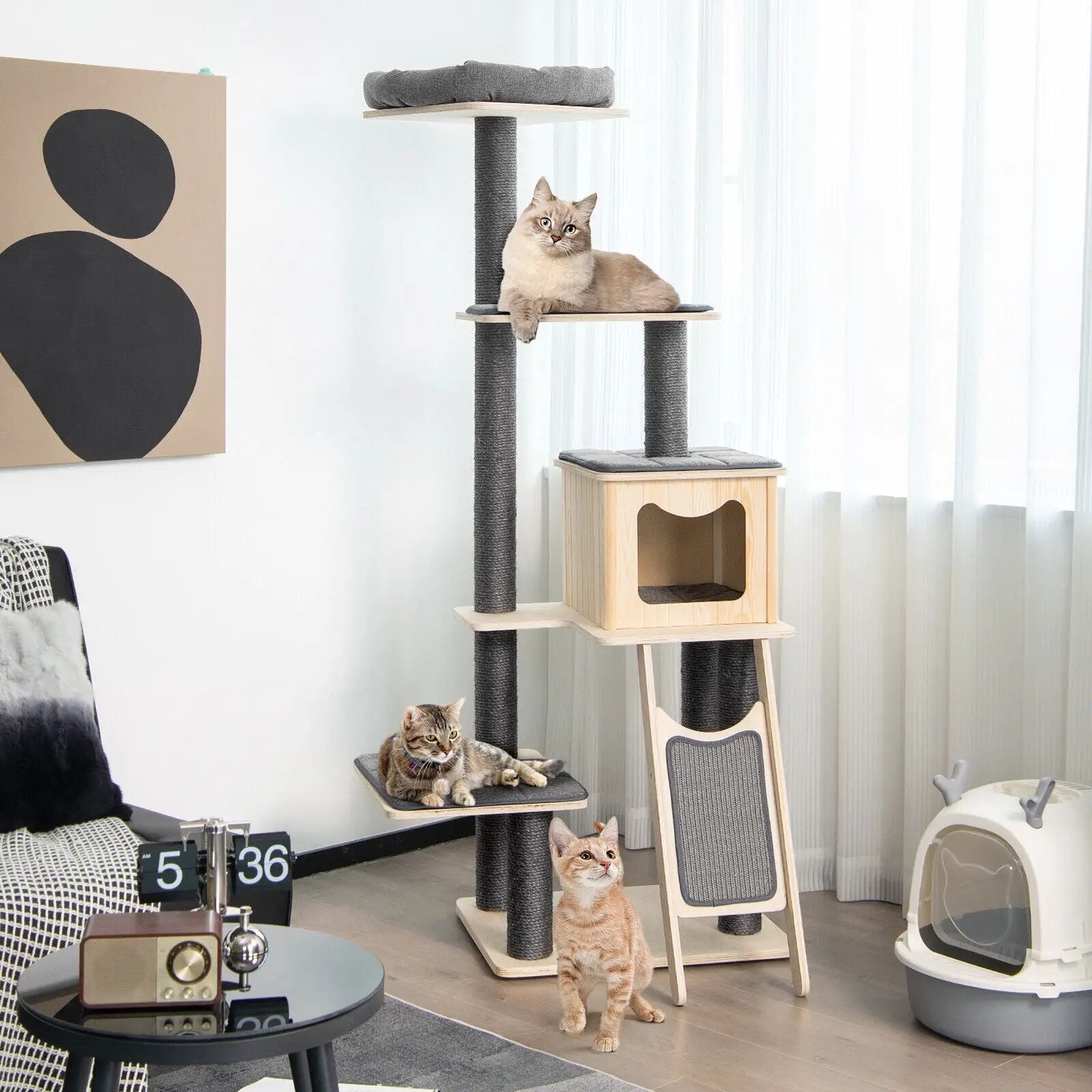 5-Tier Modern Wood Cat Tower with Washable Cushions-Gray by DirectDeals