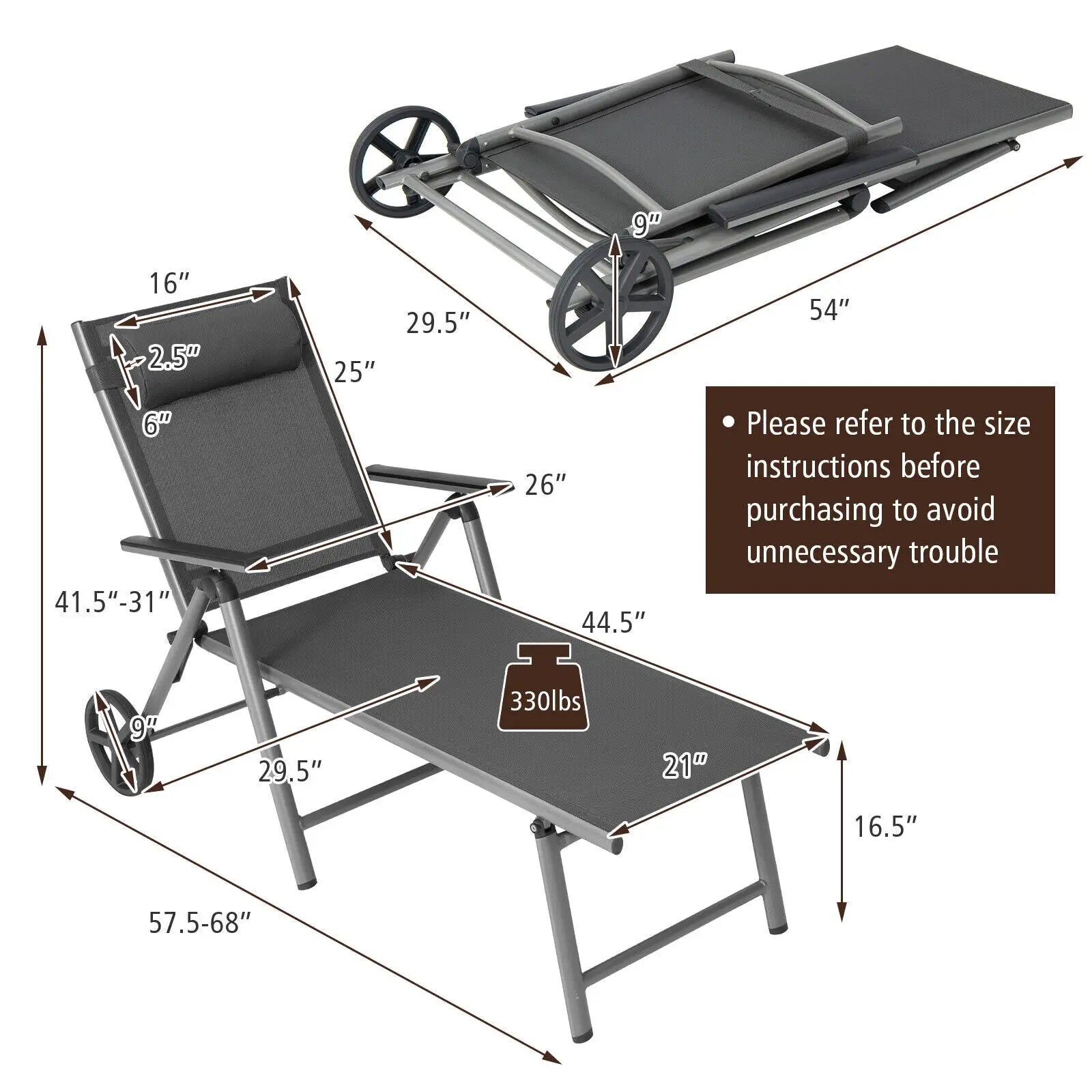 Adjustable Patio Folding Chaise Lounge Chair with Wheels by DirectDeals