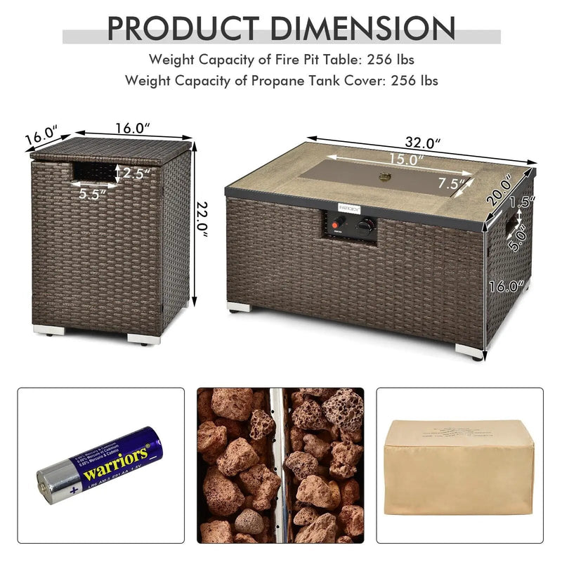 32 x 20 Inch Propane Rattan Fire Pit Table Set with Side Table Tank and Cover by DirectDeals
