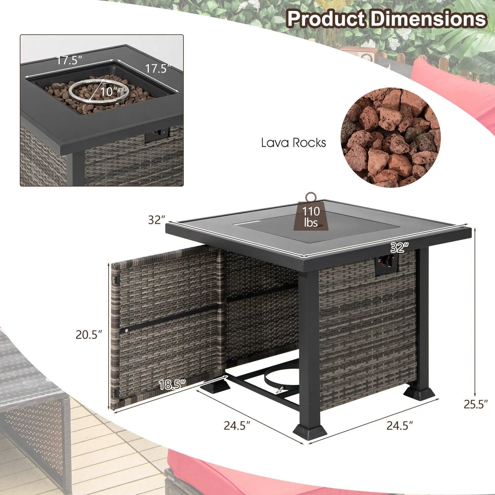 32 Inch Square Propane Fire Pit Table with Lava Rocks Cover by DirectDeals