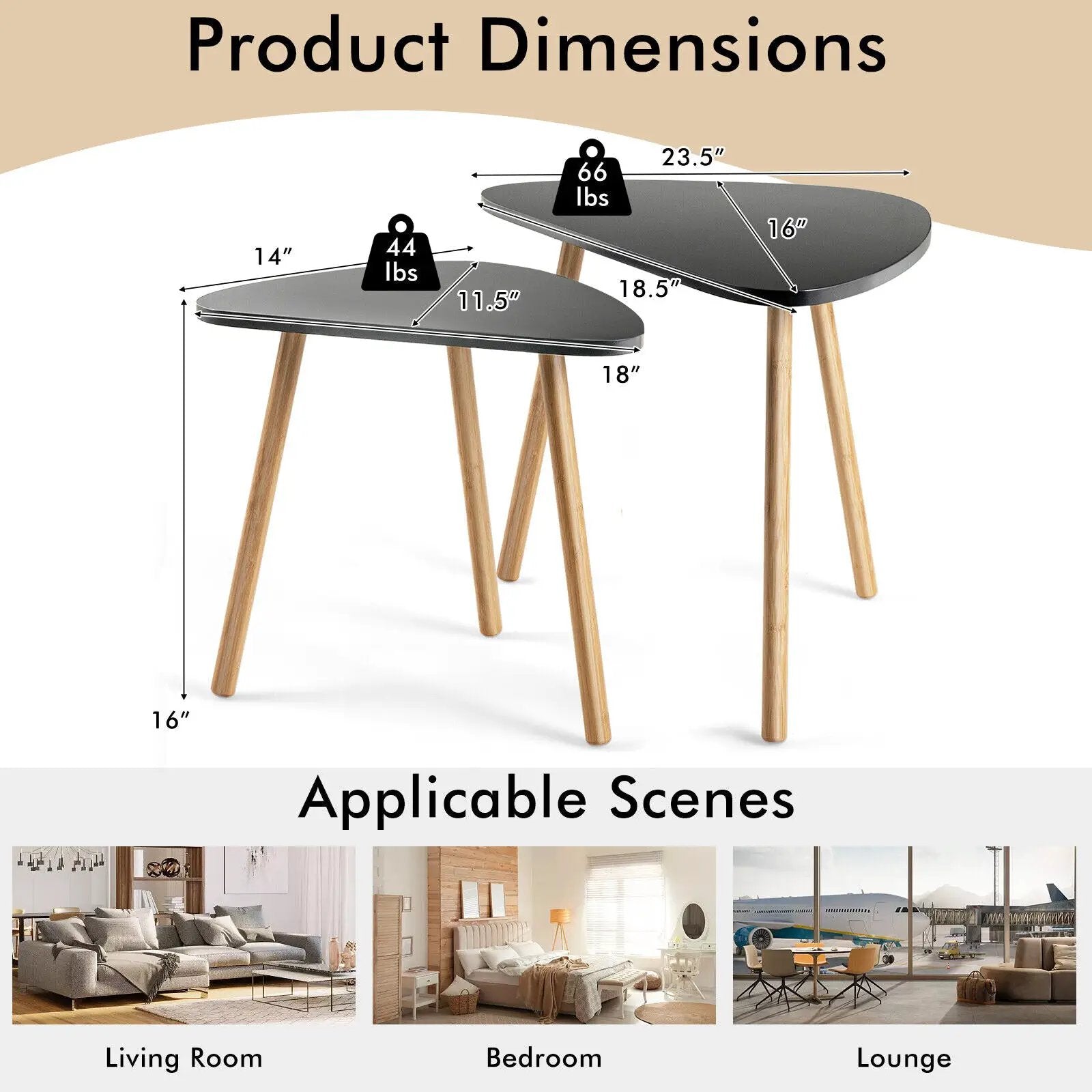 Set of 2 Modern Nesting Coffee Tables Triangular Tabletop Bamboo Legs by DirectDeals