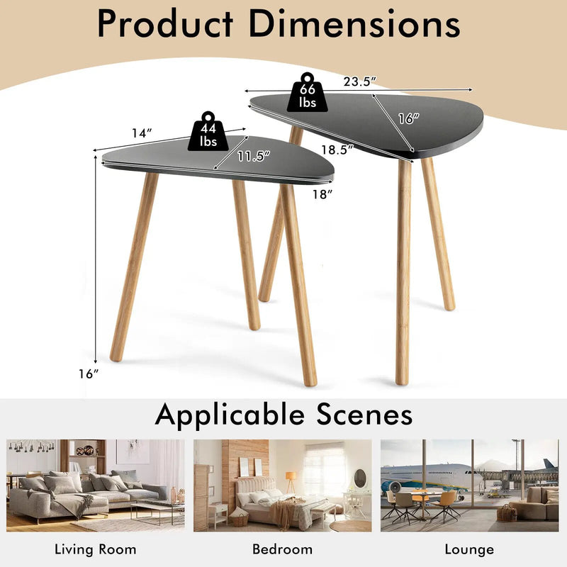 Set of 2 Modern Nesting Coffee Tables Triangular Tabletop Bamboo Legs by DirectDeals
