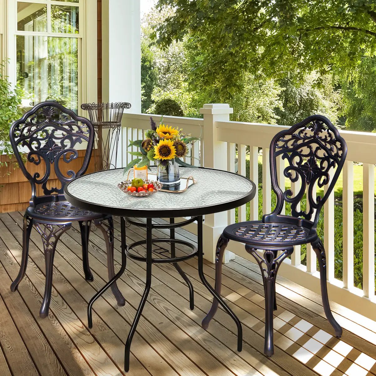 32 Inch Patio Tempered Glass Steel Frame Round Table with Convenient Umbrella Hole by DirectDeals