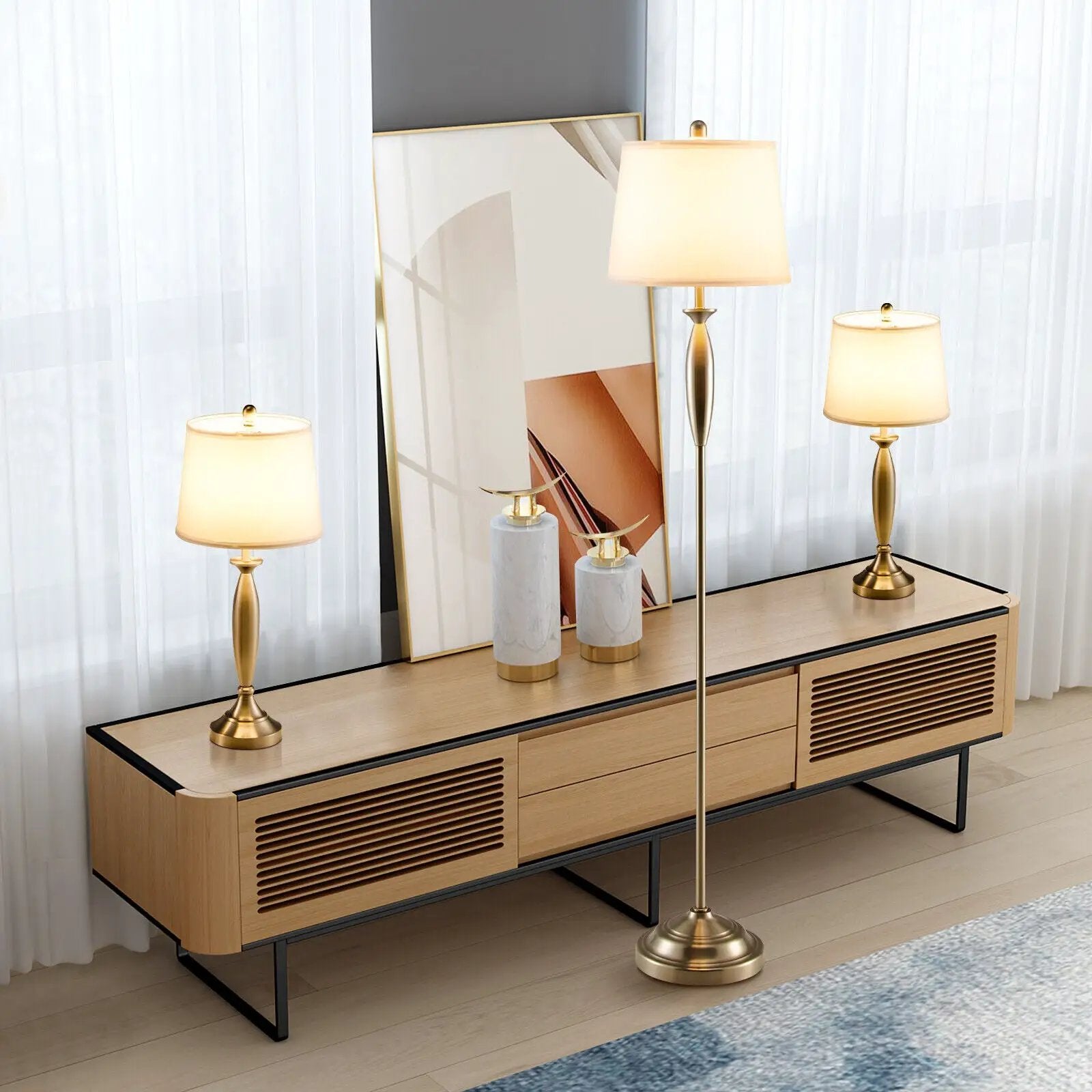 3-Piece Modern Nickel Finish Lamp Set-Silver by DirectDeals