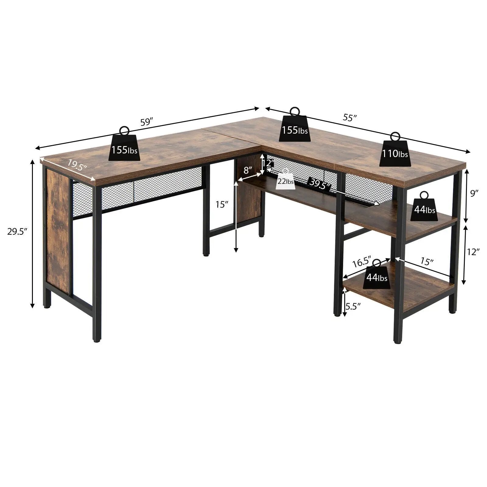 Industrial L-Shaped Corner Computer Desk Office Workstation with Storage Shelves by DirectDeals