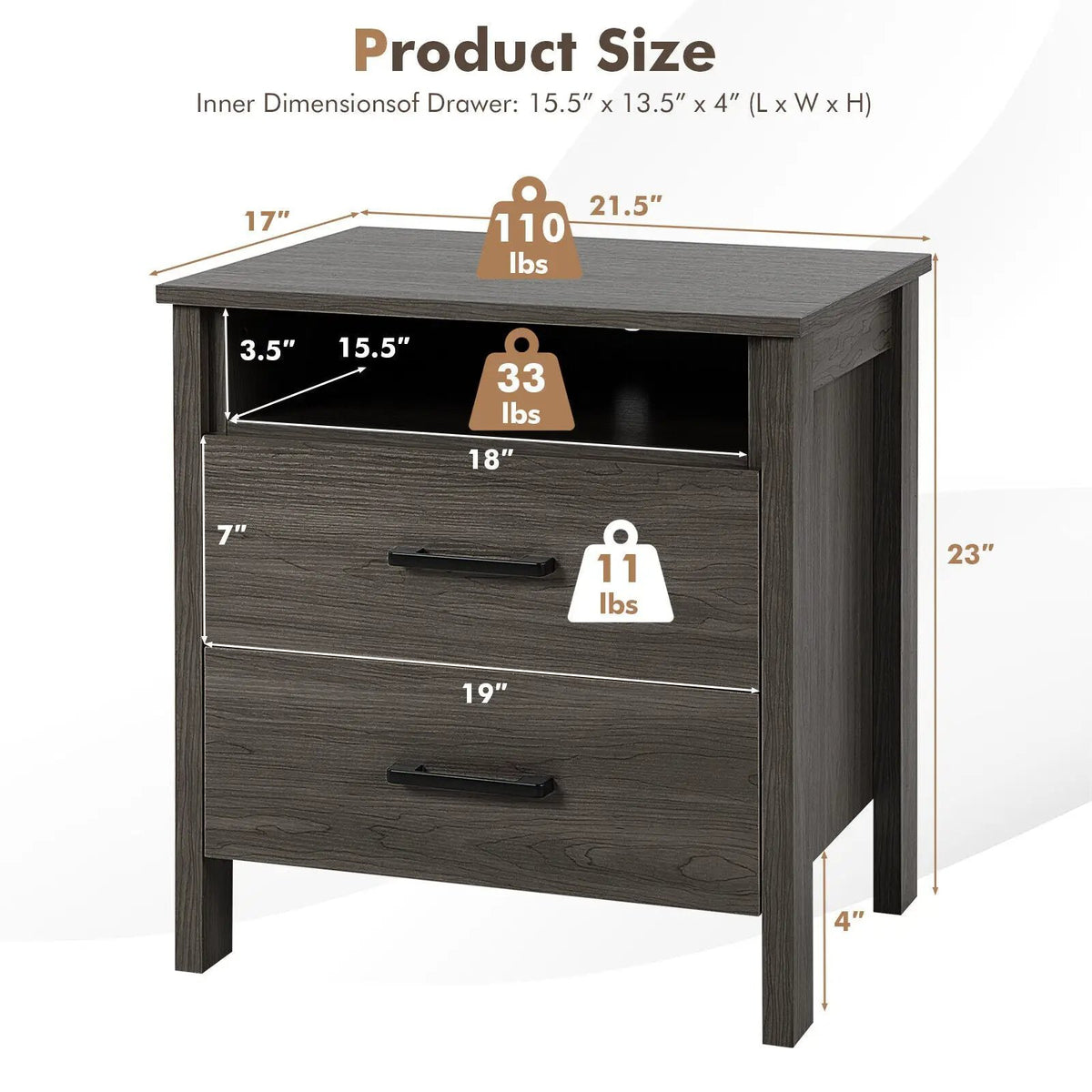 Modern Wood Grain Nightstand with Cable Hole and Open Compartment by DirectDeals