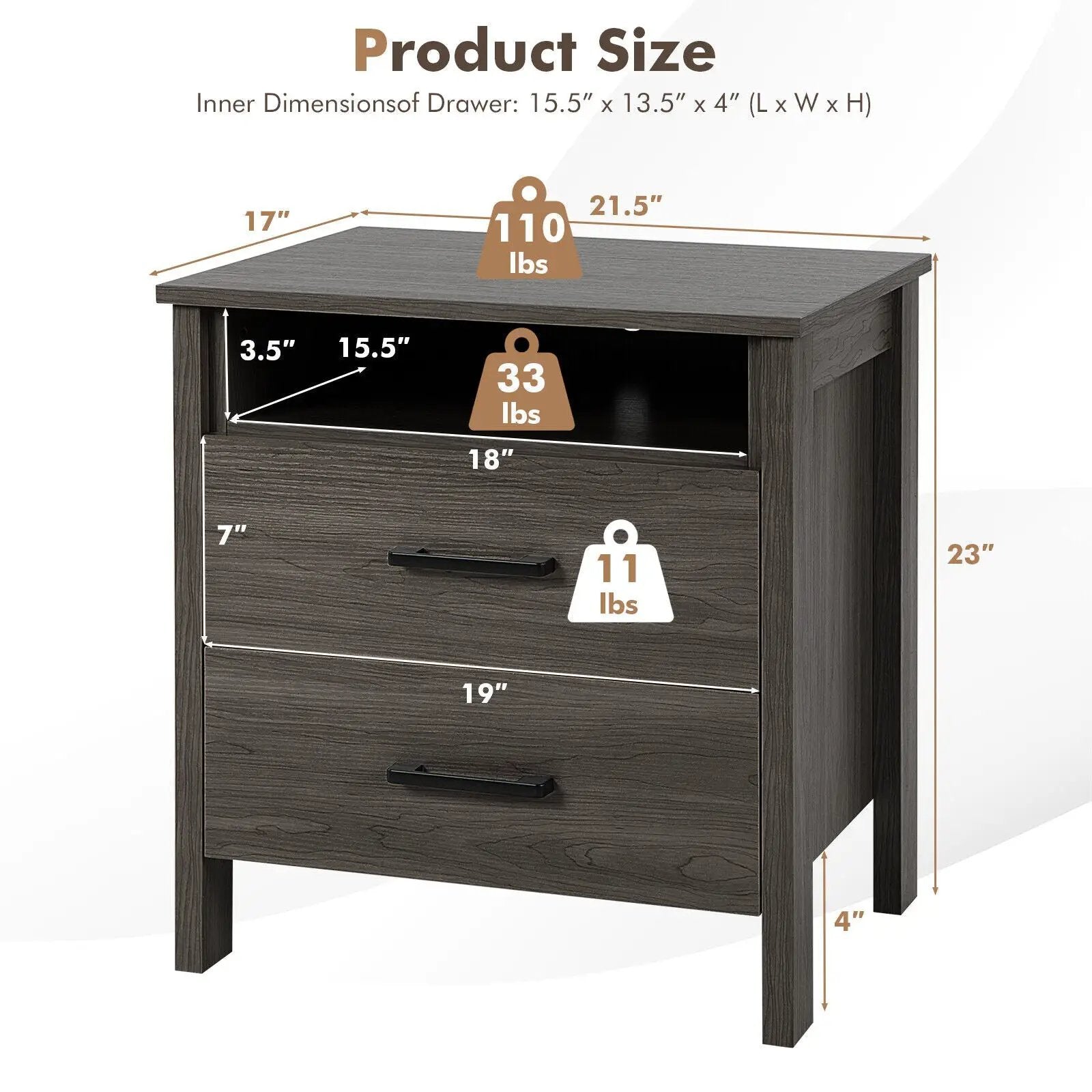 Modern Wood Grain Nightstand with Cable Hole and Open Compartment by DirectDeals