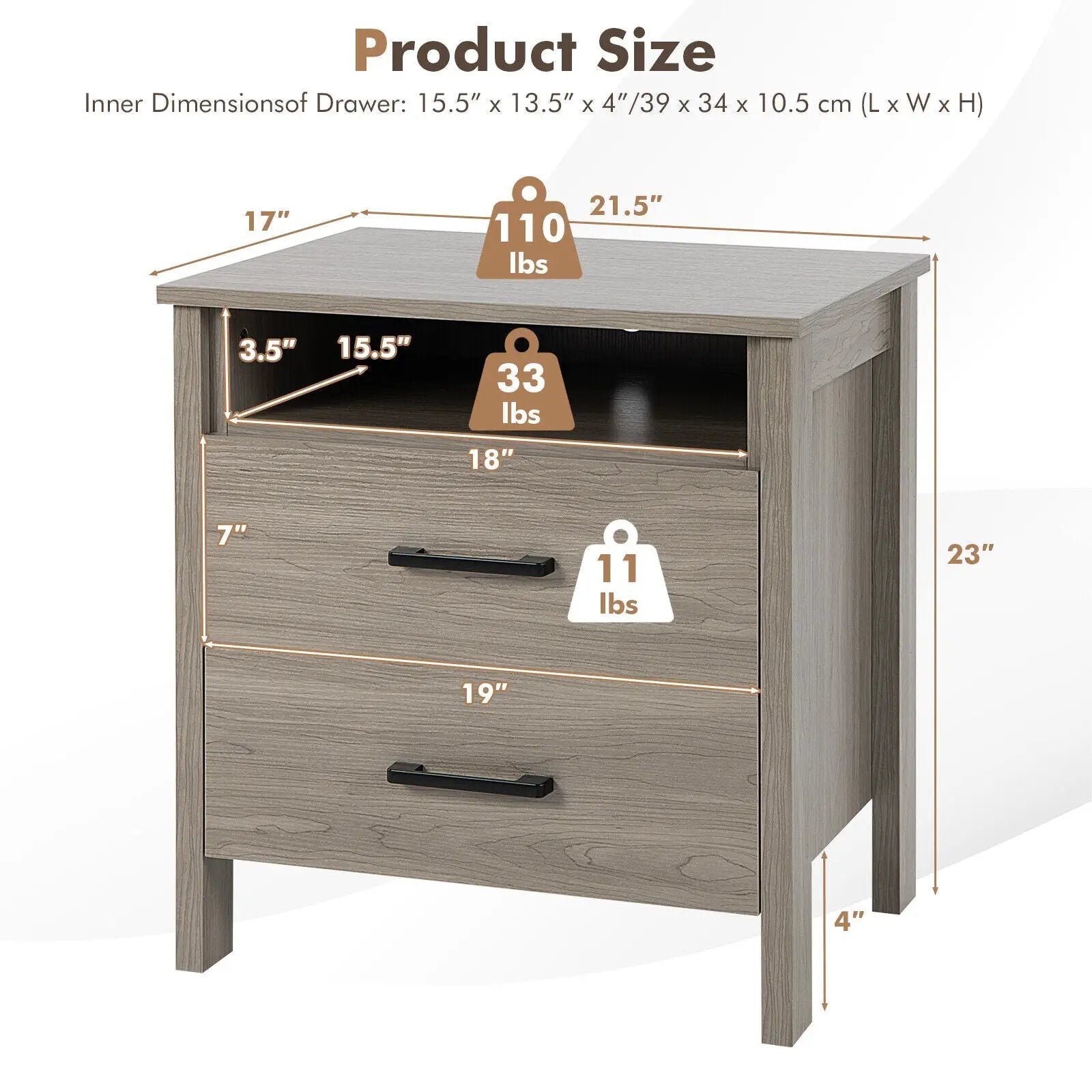 Modern Wood Grain Nightstand with Cable Hole and Open Compartment by DirectDeals