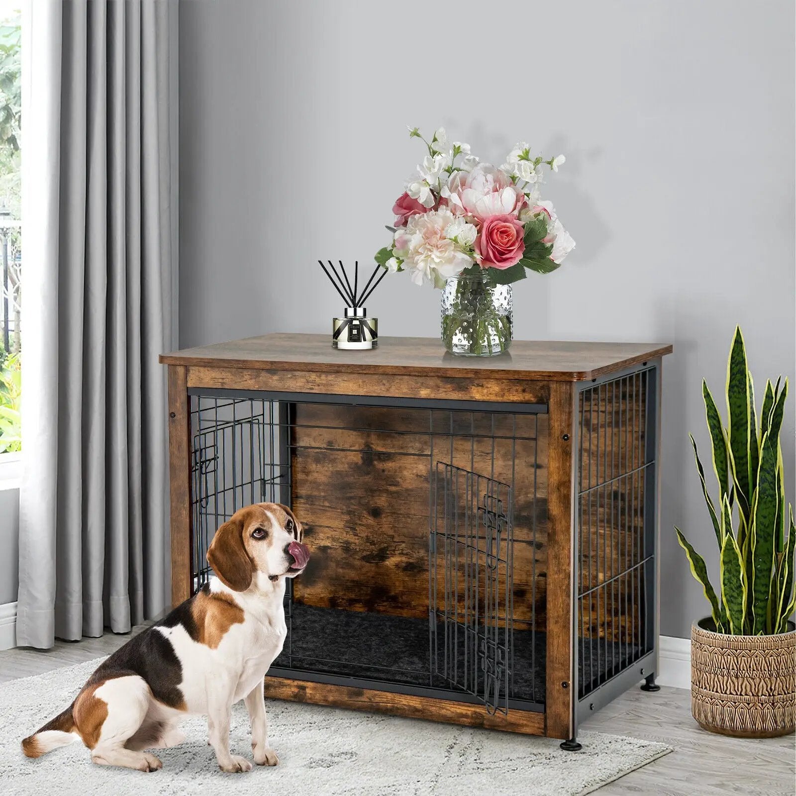 Wooden Dog Crate Furniture with Double Door and Tray-Brown by DirectDeals