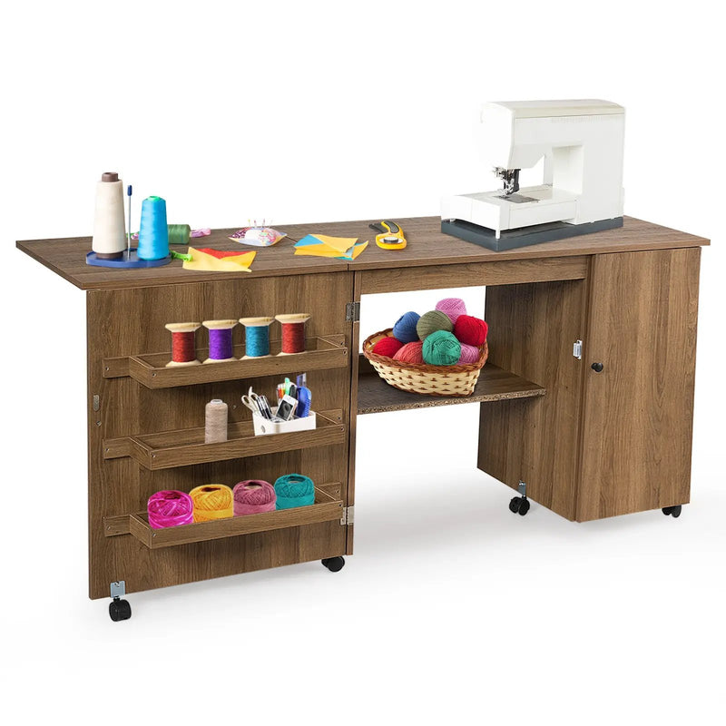 Folding Sewing Table Shelves Storage Cabinet Craft Cart with Wheels by DirectDeals