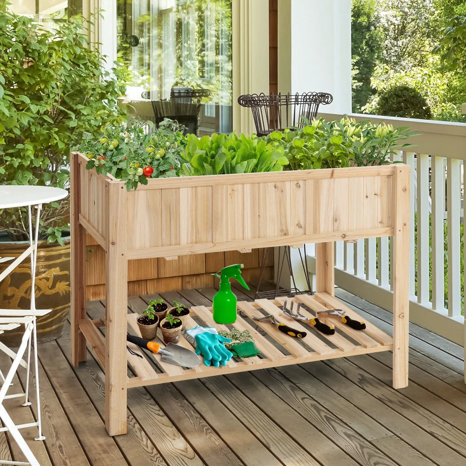 47 Inch Wooden Raised Garden Bed with Bottom Shelf and Bed Liner by DirectDeals