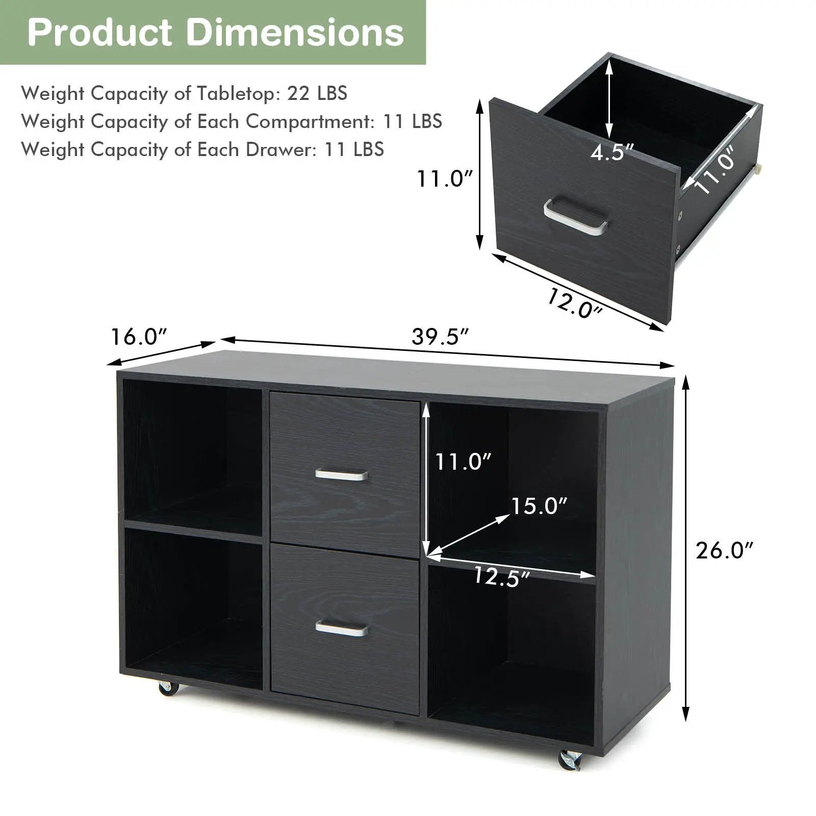 2 Drawer Wood Mobile File Cabinet with 4 Open Compartments-Black by DirectDeals