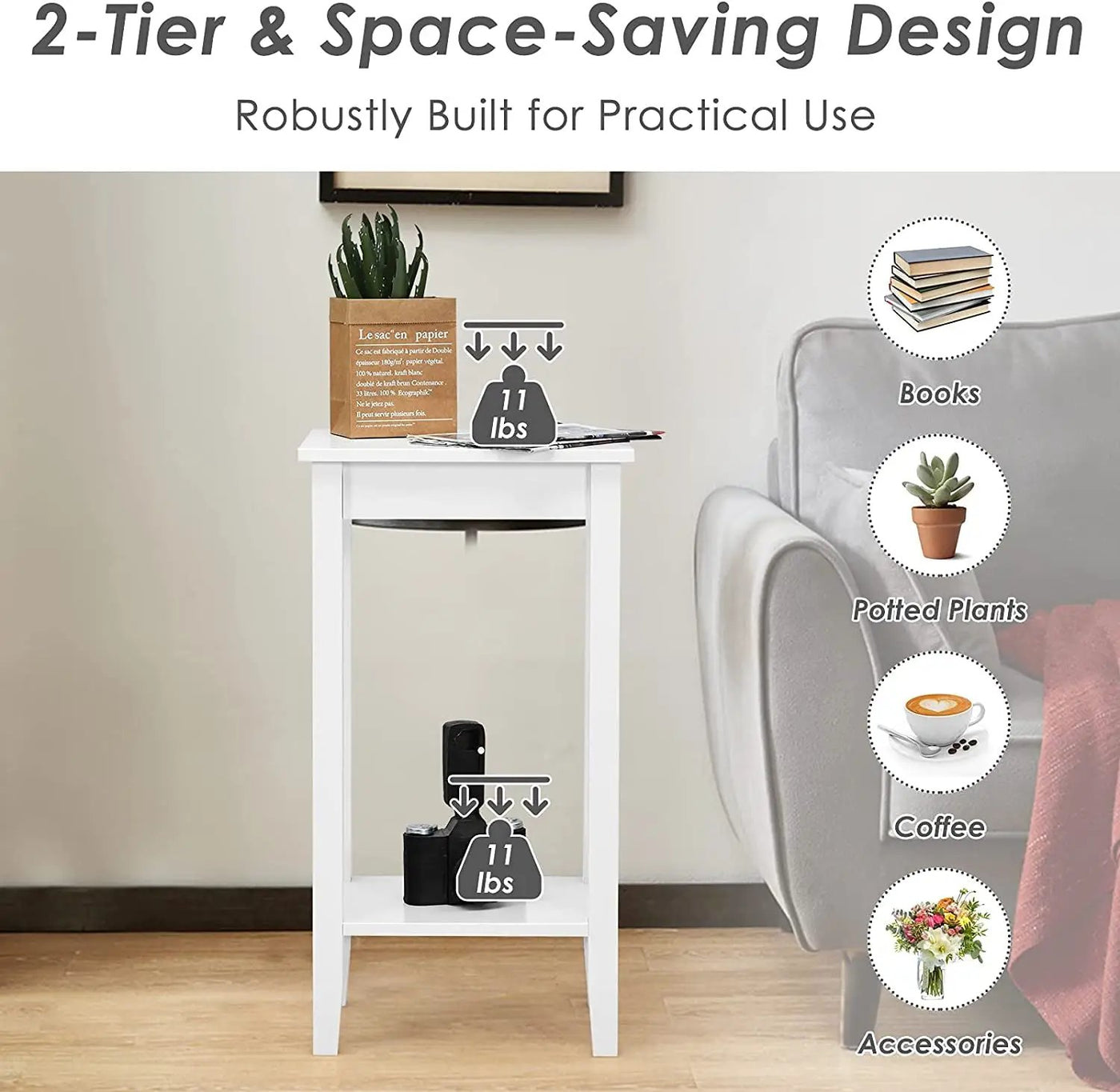 Set of 2 Versatile 2-Tier End Table with Storage Shelf by DirectDeals
