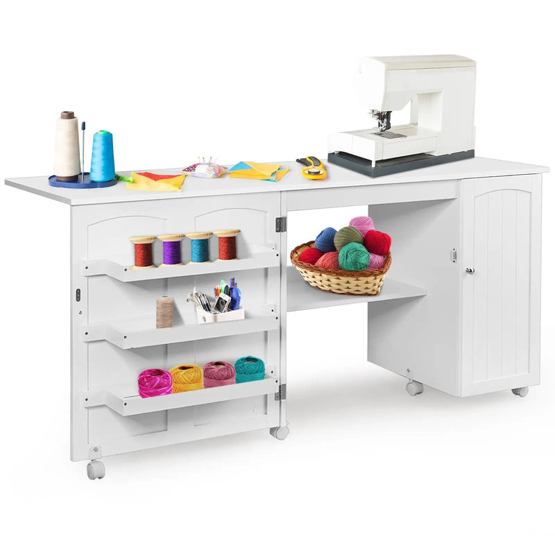 Folding Sewing Table Shelves Storage Cabinet Craft Cart with Wheels by DirectDeals