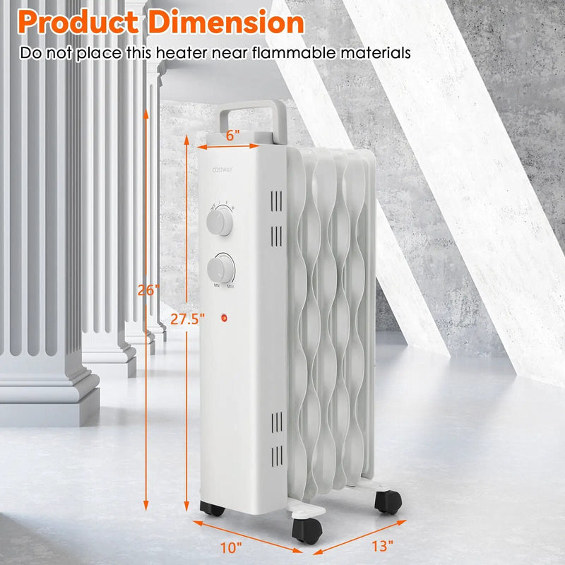 1500W Oil Filled Space Heater with Universal Wheels and 3-Level Heat-White by DirectDeals