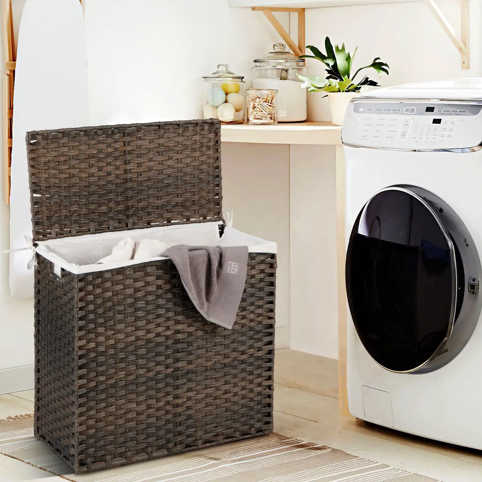 10L 3-Section Laundry Hamper with Liner Bag and Handle-Brown by DirectDeals