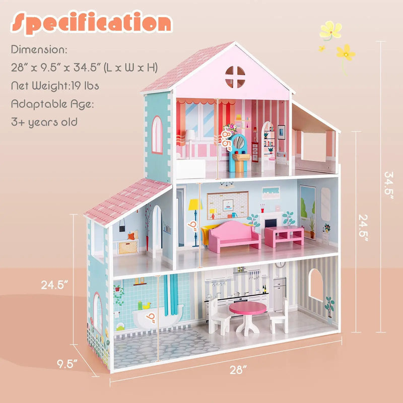3-Tier Toddler Doll House with Furniture Gift for Age over 3 by DirectDeals