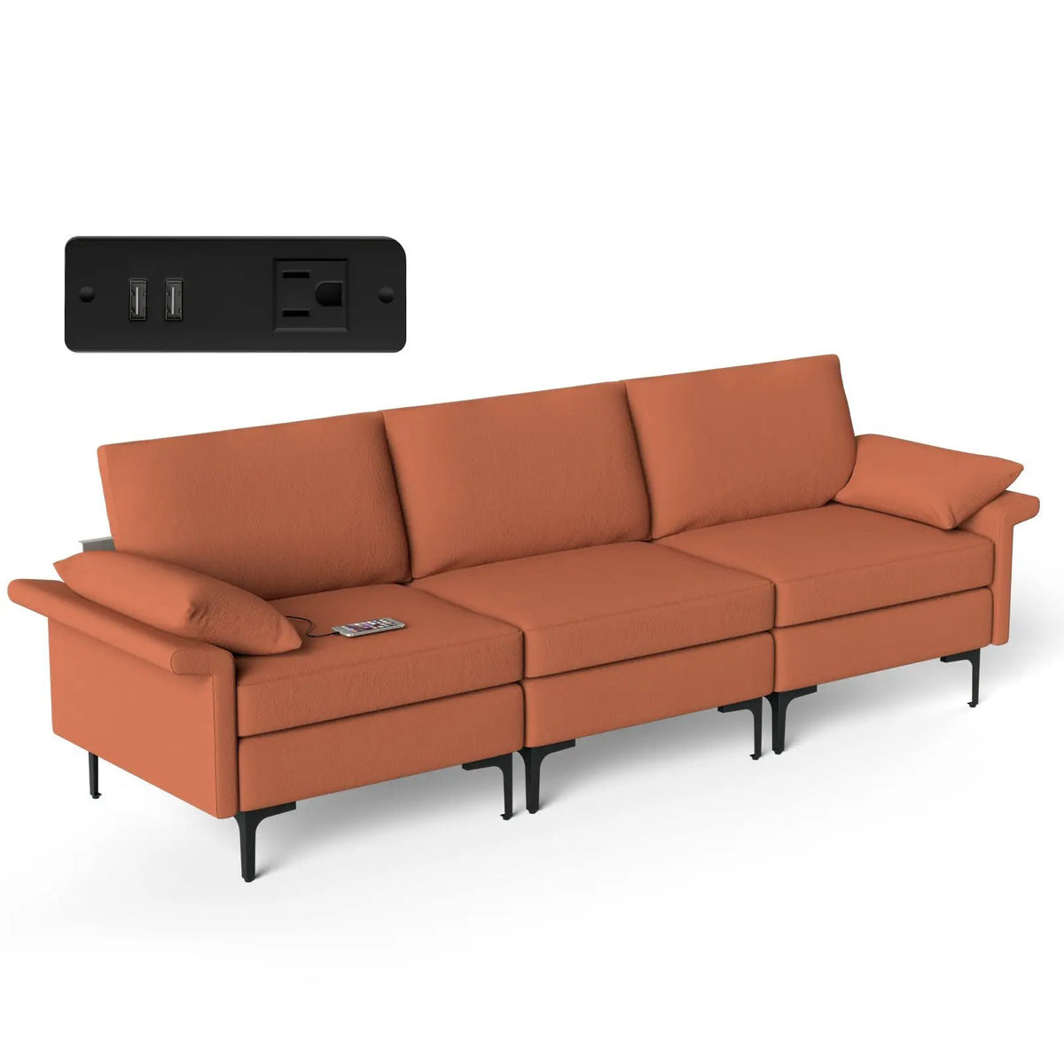 Large 3-Seat Sofa Sectional with Metal Legs and 2 USB Ports for 3-4 people by DirectDeals