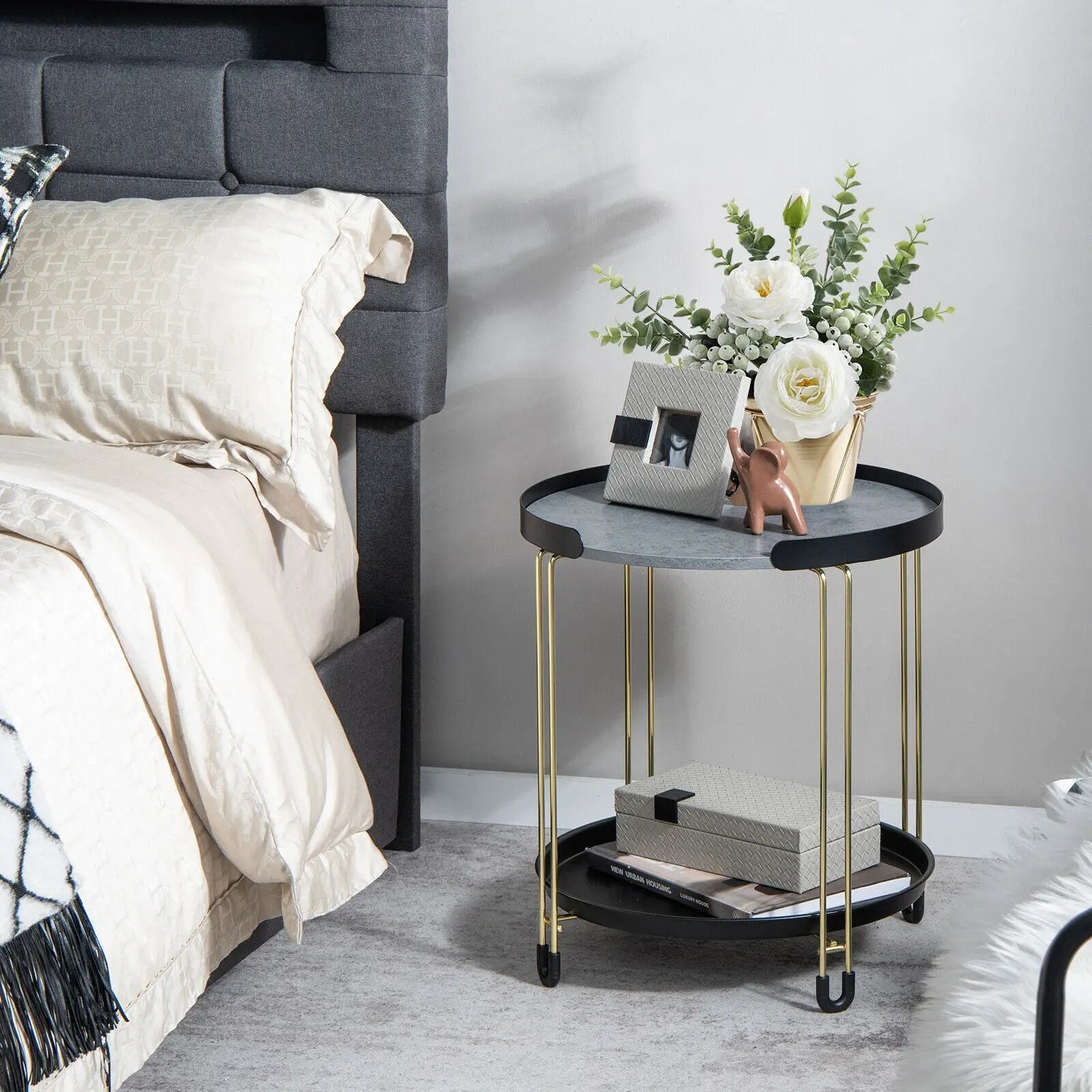 2-Tier Round Side Table with Removable Tray and Metal Frame for Small Space-Golden by DirectDeals