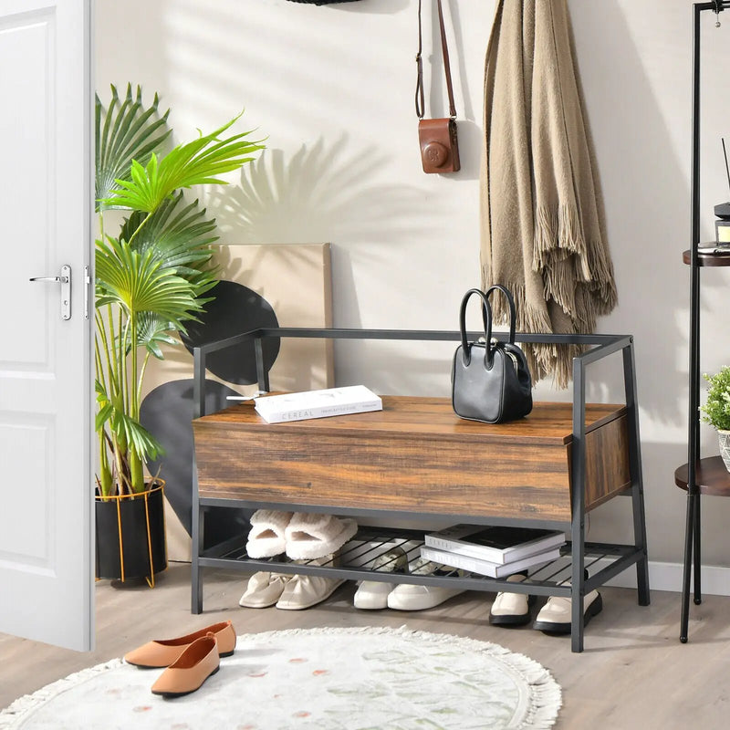Industrial Shoe Bench with Storage Space and Metal Handrail-Rustic Brown by DirectDeals