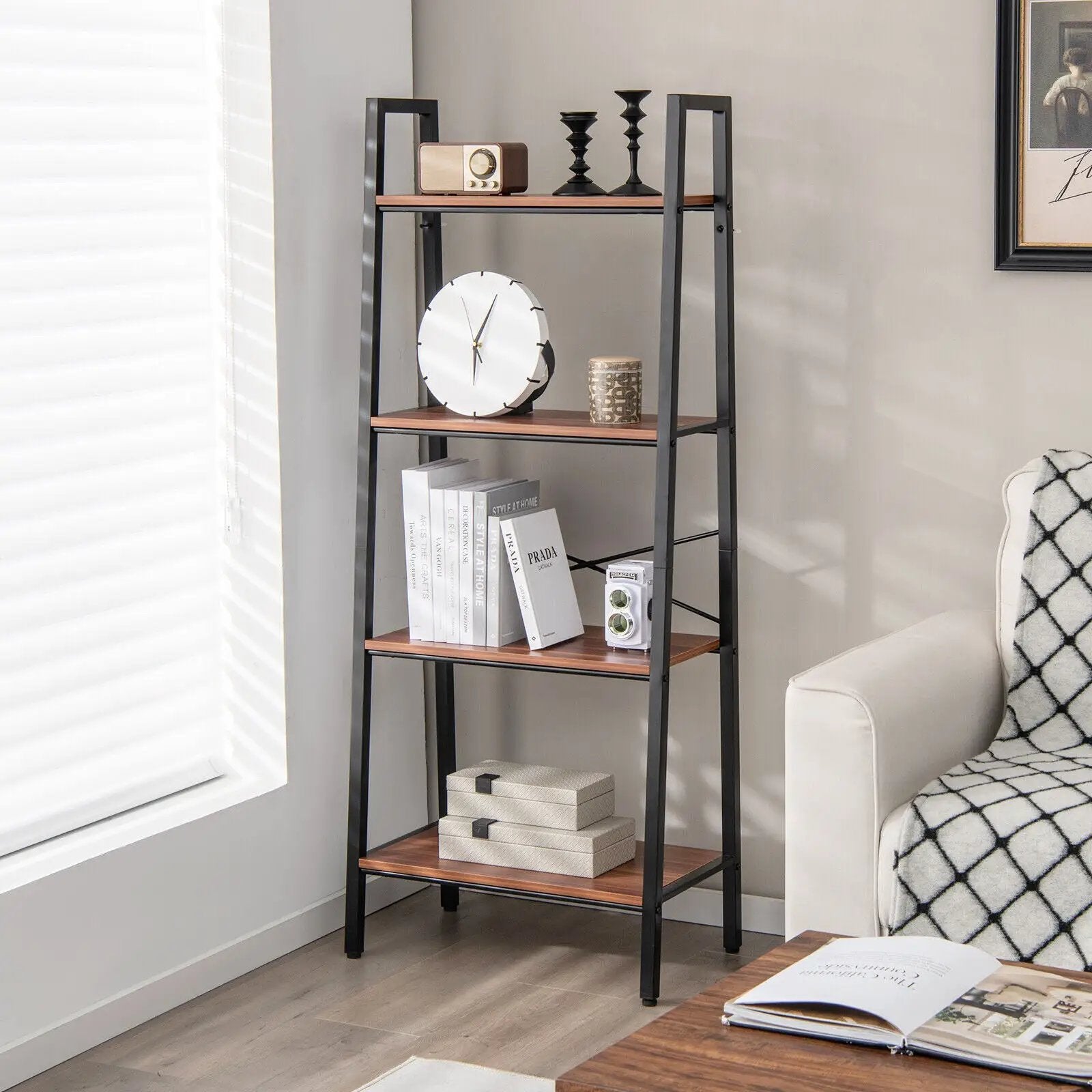 4-Tier Freestanding Open Bookshelf with Metal Frame and Anti-toppling Device-Rustic Brown by DirectDeals