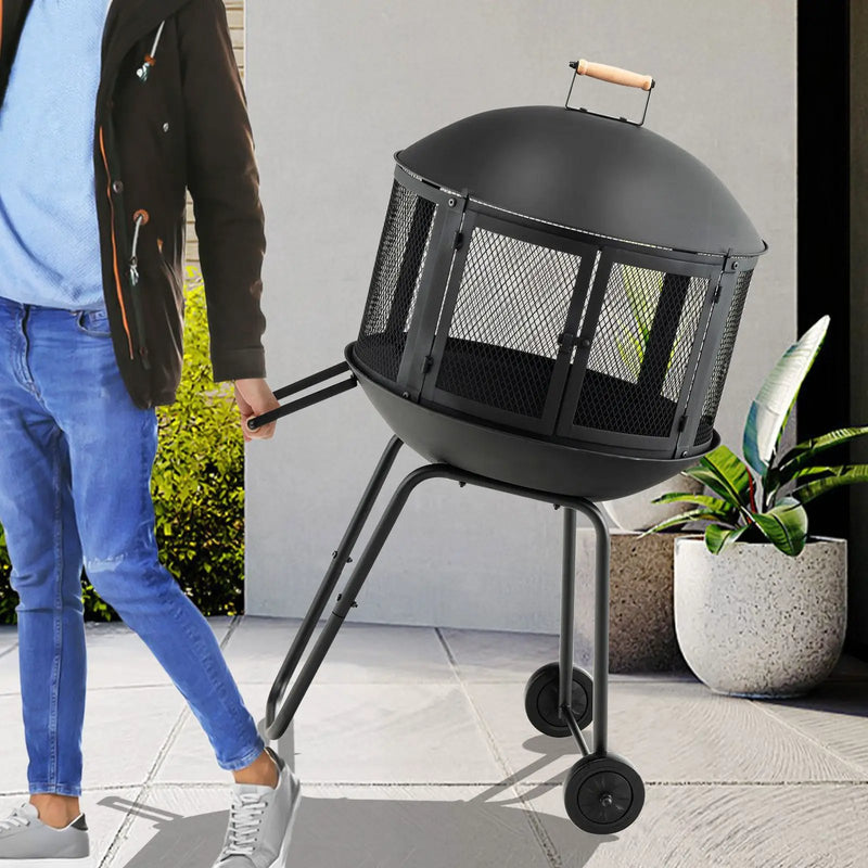 28 Inch Portable Fire Pit on Wheels with Log Grate-Black by DirectDeals