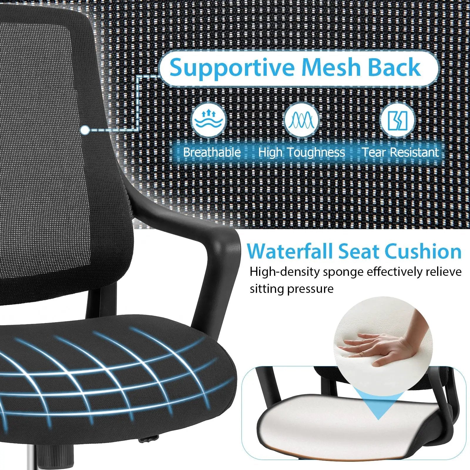 Modern Breathable Mesh Chair with Curved Backrest and Armrest-Black by DirectDeals