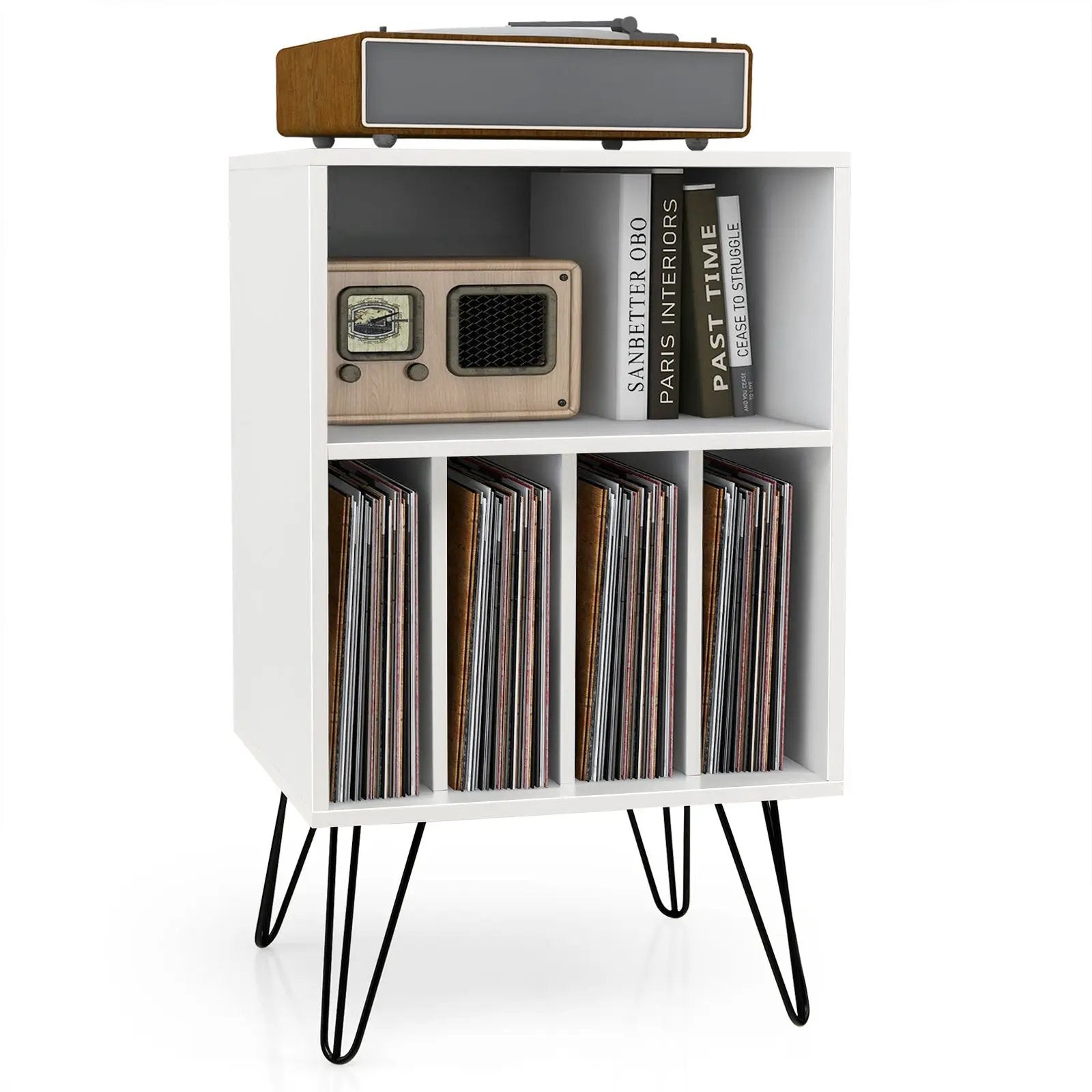 Freestanding Record Player Stand Record Storage Cabinet with Metal Legs-White by DirectDeals