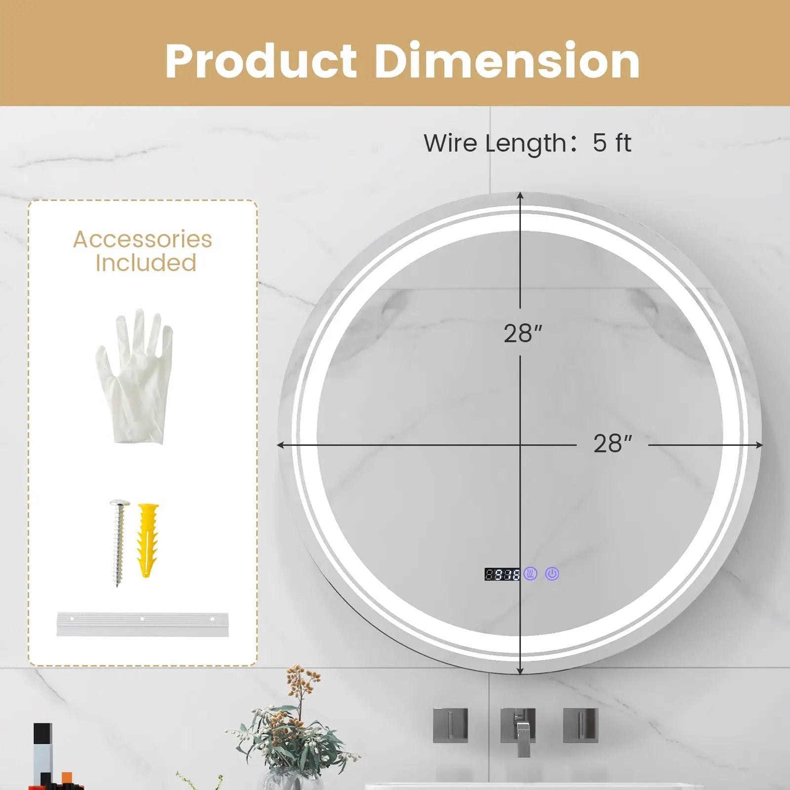 Anti-Fog Round Led Bathroom Mirror with 3 Color LED Lights by DirectDeals