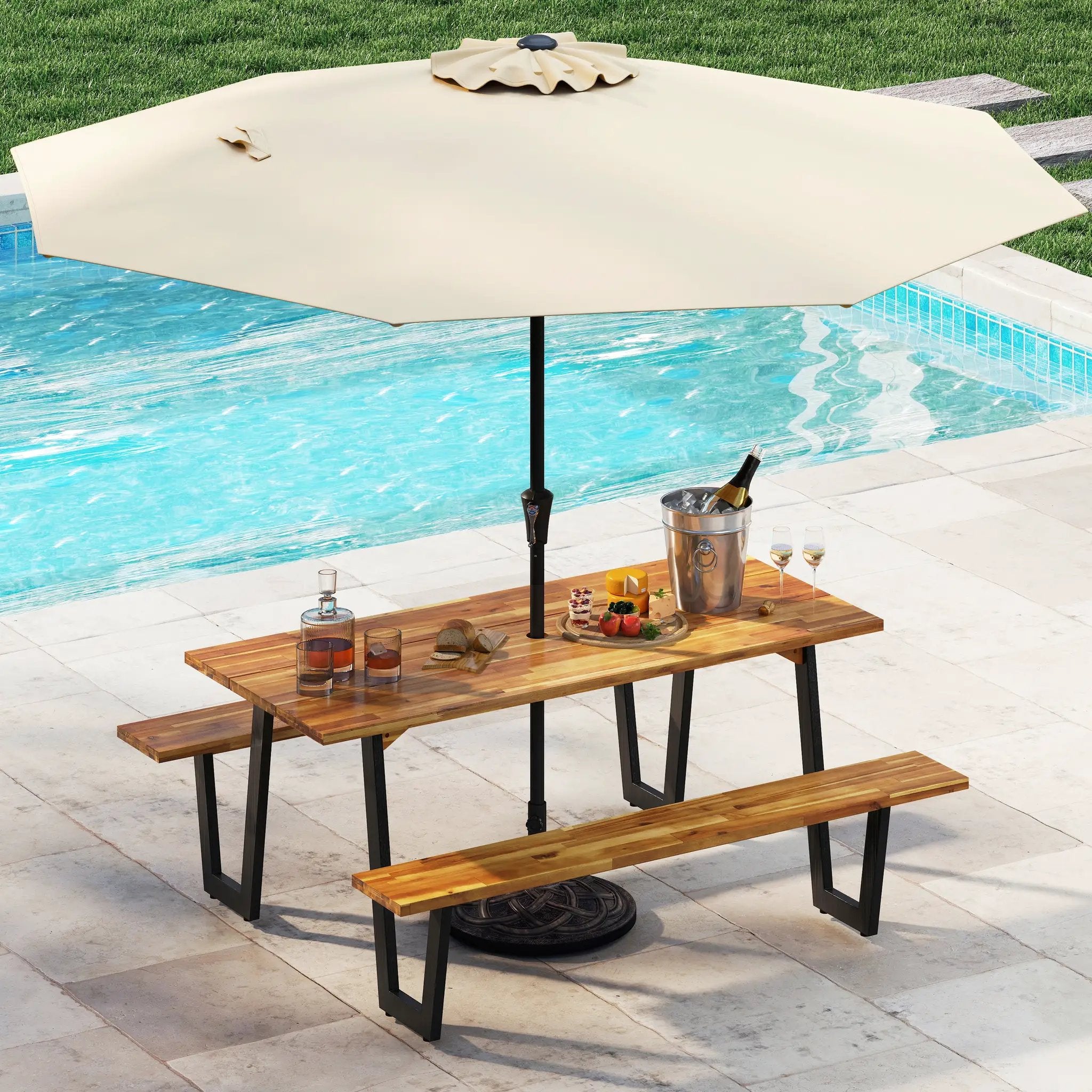 Outdoor Dining Table Set for 6 with 10 Feet Umbrella and Base by DirectDeals