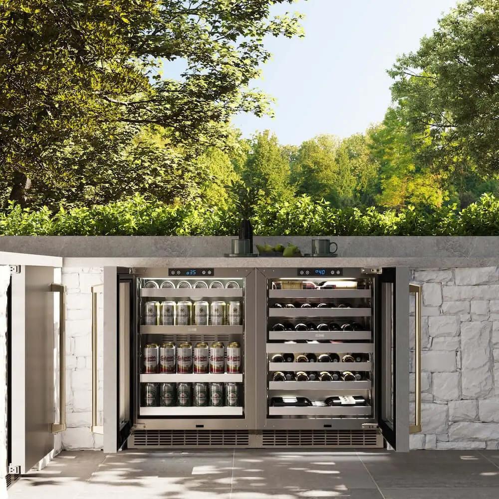 ZLINE 24" Touchstone Dual Zone 44 Bottle Wine Cooler DuraSnow® Stainless Steel Glass Door Polished Gold Handle RWDOZ-SN-24-G by Farmhouse Kitchen and Bath