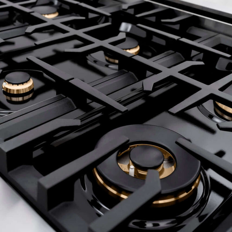 ZLINE 48" Select Gas Range Convection Gas Oven Stainless Steel Black Matte Doors Gold HGRZ-BLM-48-G by Farmhouse Kitchen and Bath