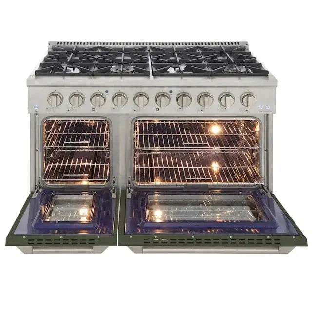 Kucht 48" Propane Range in Stainless Steel, Olive Green Doors, KNG481/LP-OG by Farmhouse Kitchen and Bath