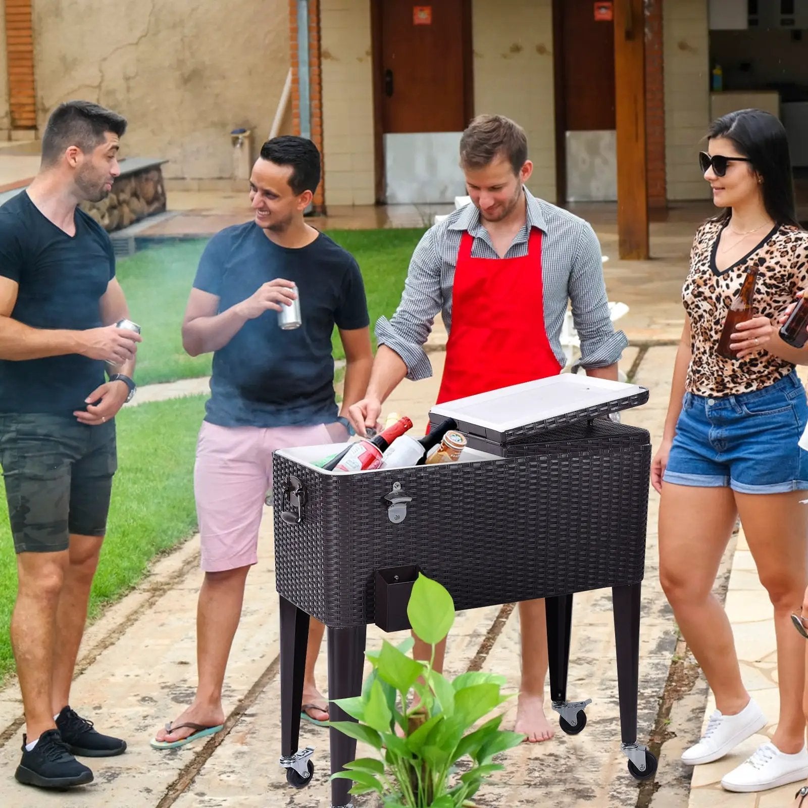 80QT Outdoor Party Portable Rattan Rolling Cooler Cart by DirectDeals