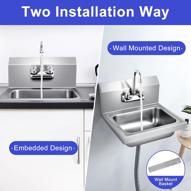Stainless Steel Sink Wall Mount Hand Washing Sink with Faucet and Back Splash by DirectDeals