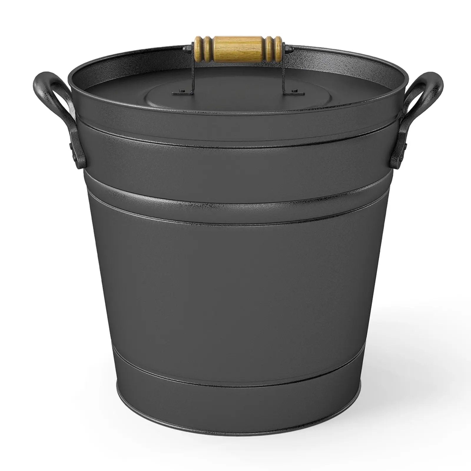 2.9 Gallon Metal Coal Ash Can with Wooden Lid and Side Grips for Fireplace Fire Pits by DirectDeals