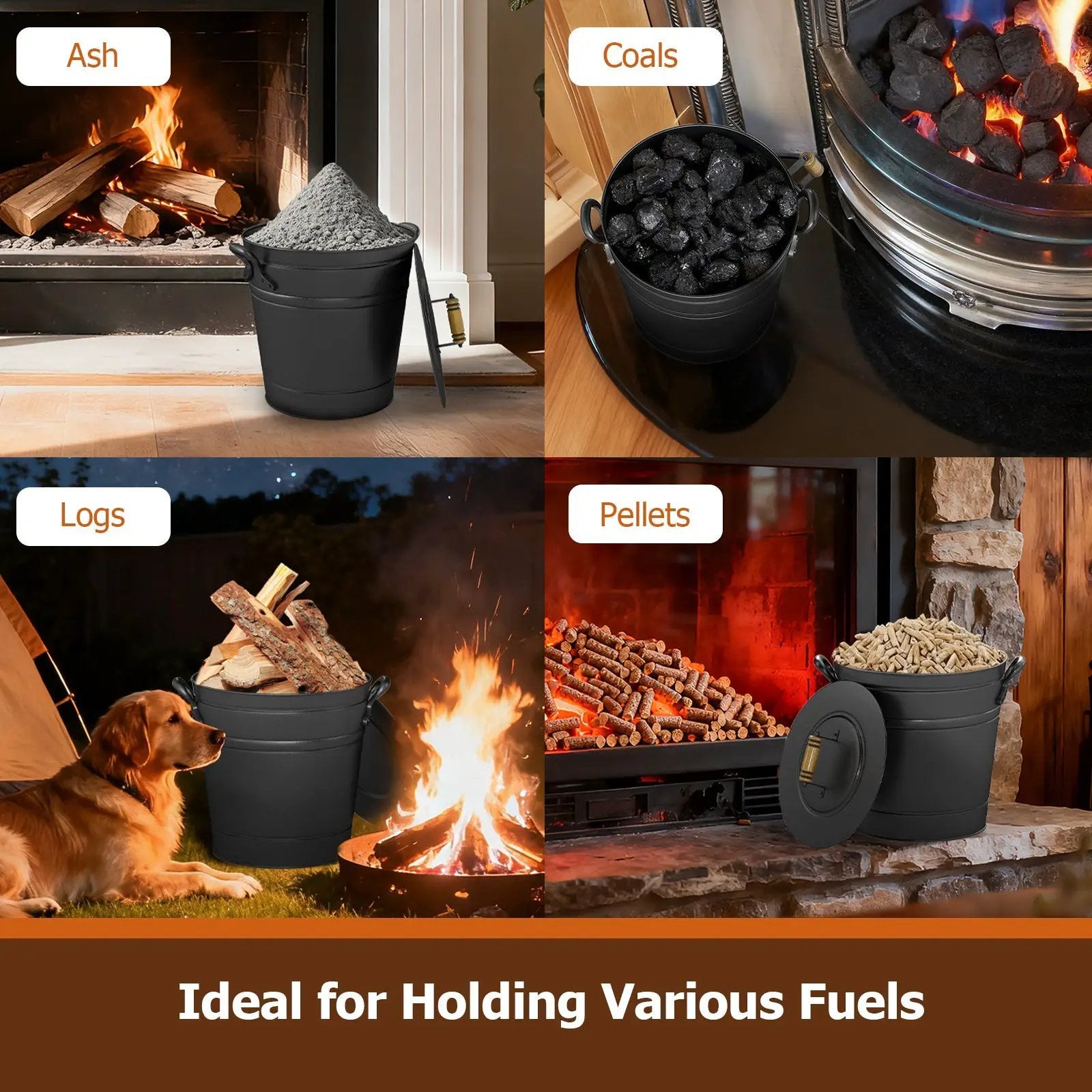 2.9 Gallon Metal Coal Ash Can with Wooden Lid and Side Grips for Fireplace Fire Pits by DirectDeals