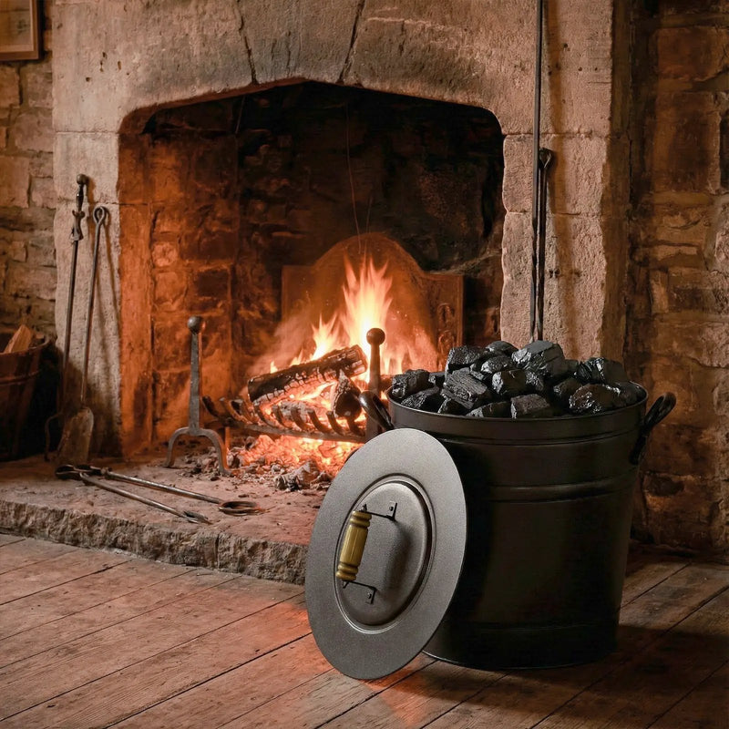 2.9 Gallon Metal Coal Ash Can with Wooden Lid and Side Grips for Fireplace Fire Pits by DirectDeals