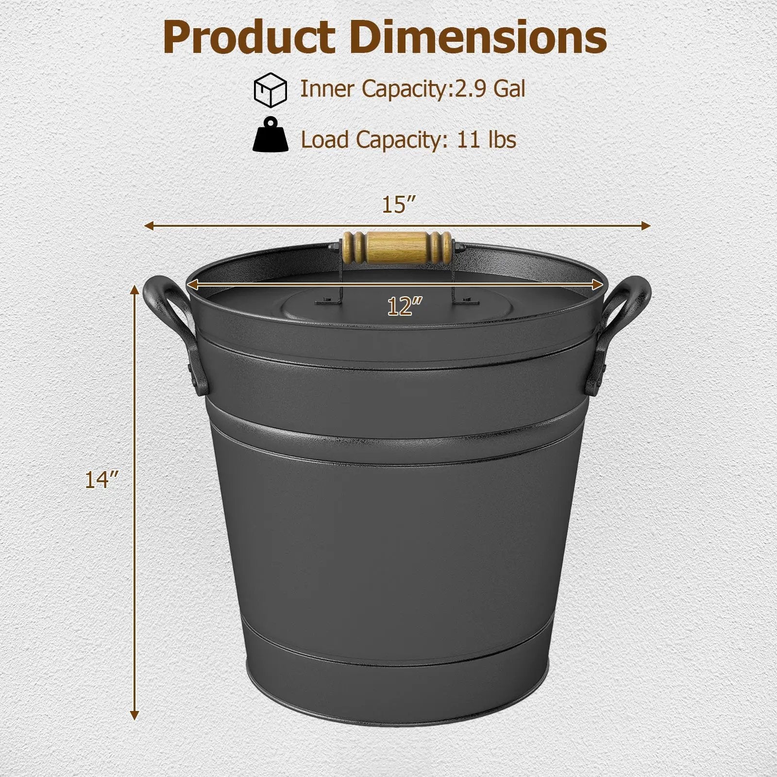 2.9 Gallon Metal Coal Ash Can with Wooden Lid and Side Grips for Fireplace Fire Pits by DirectDeals