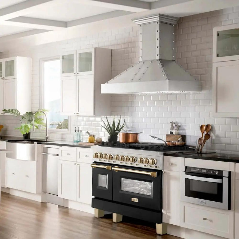 ZLINE 48" Autograph Dual Fuel Range, Black, Gold, RAZ-BLM-48-G by Farmhouse Kitchen and Bath